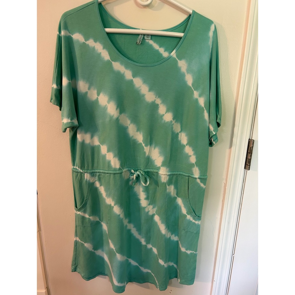 Live Well Active‎ Womens Teal Tie Dye Short Sleeve Drawstring Waist Dress Medium